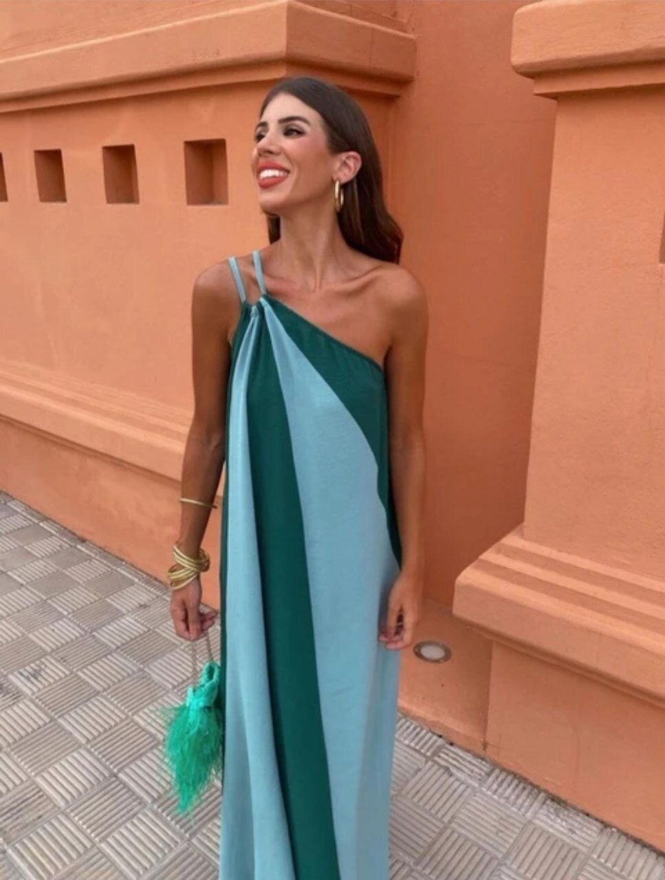 ÇİFT RENKLİ ELBİSE-MAVİ