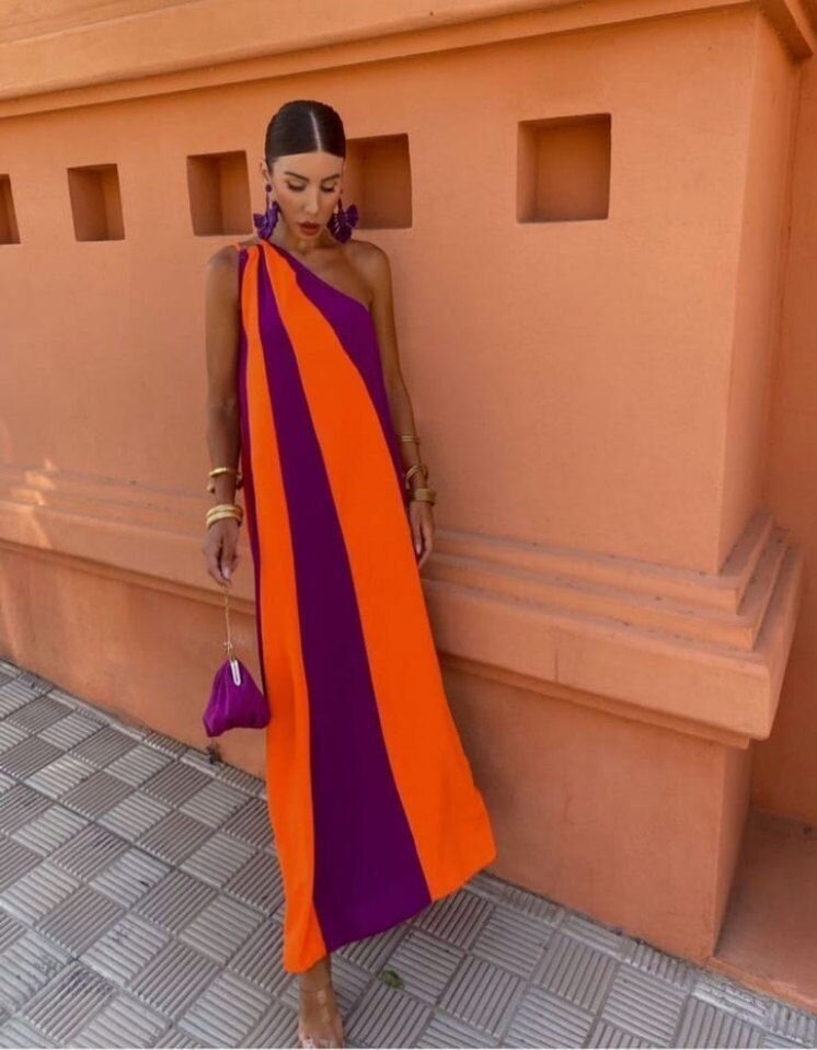 ÇİFT RENKLİ ELBİSE-TURUNCU