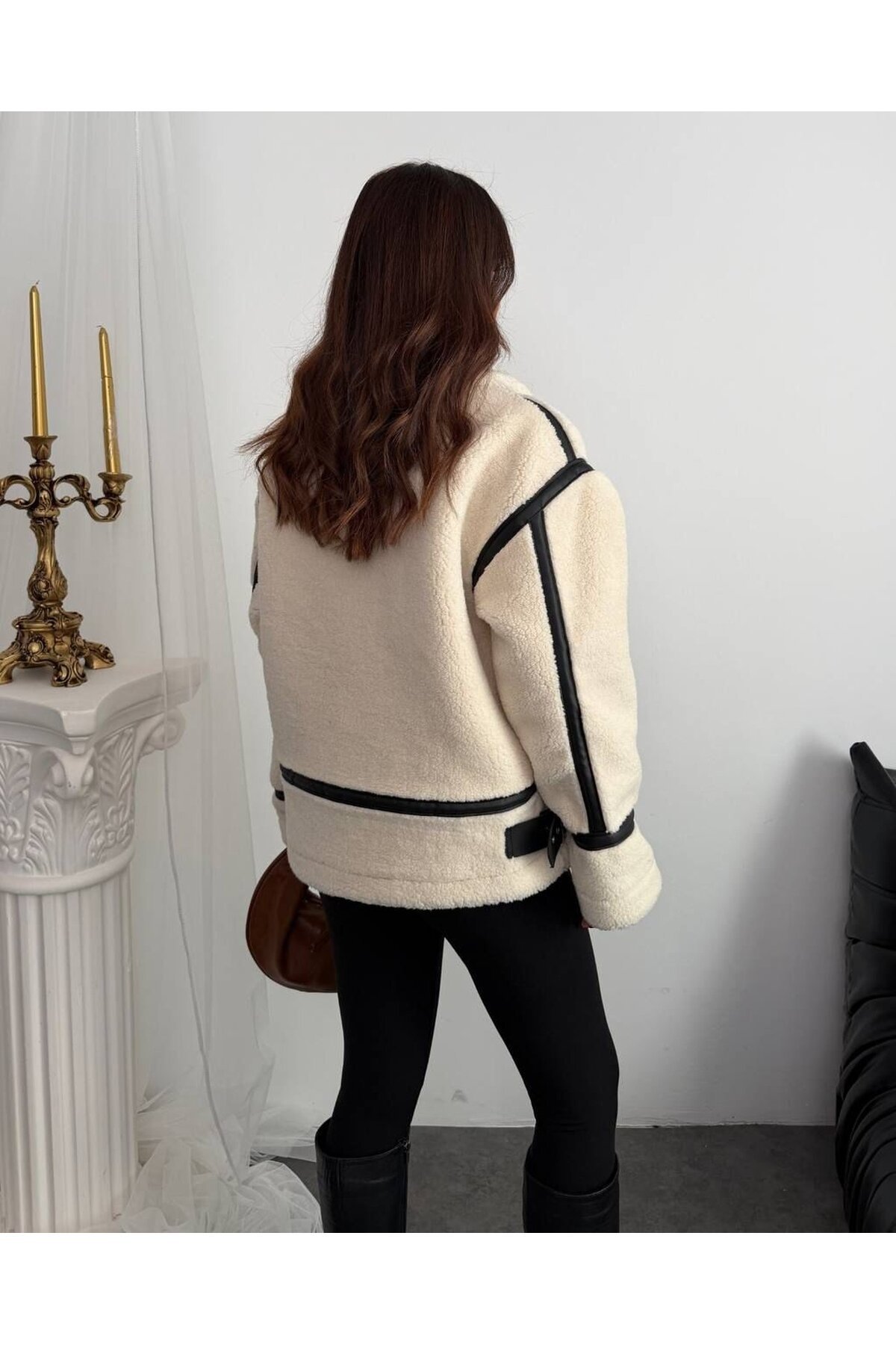 Deri Detaylı Premium Peluş Mont