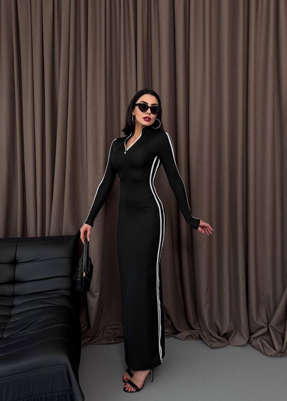 Şerit Detaylı Uzun Elbise