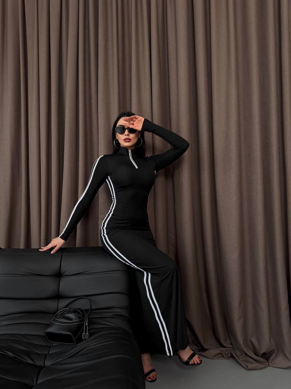 Şerit Detaylı Uzun Elbise