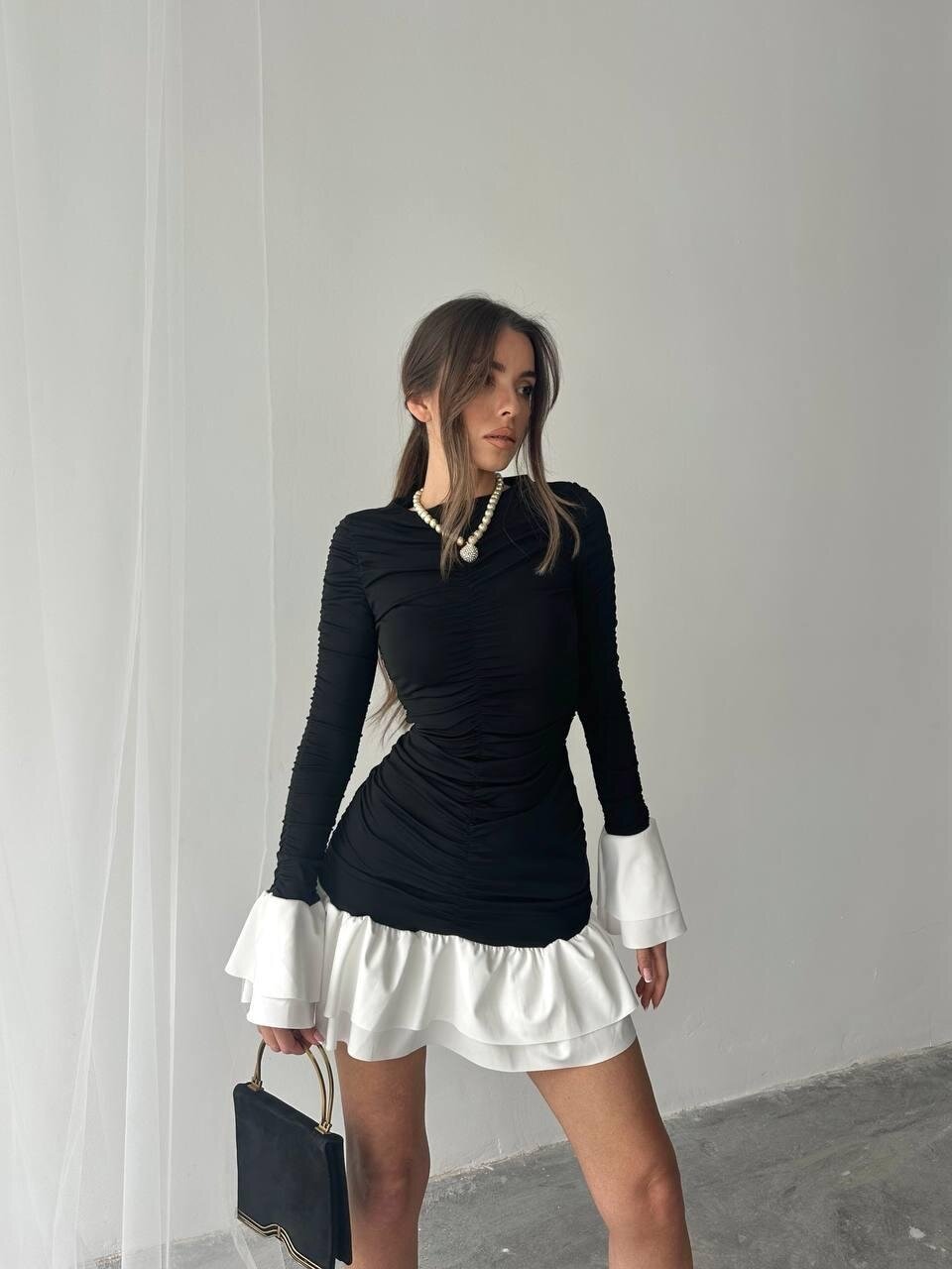 Fırfır Detaylı Drapeli Mini Elbise