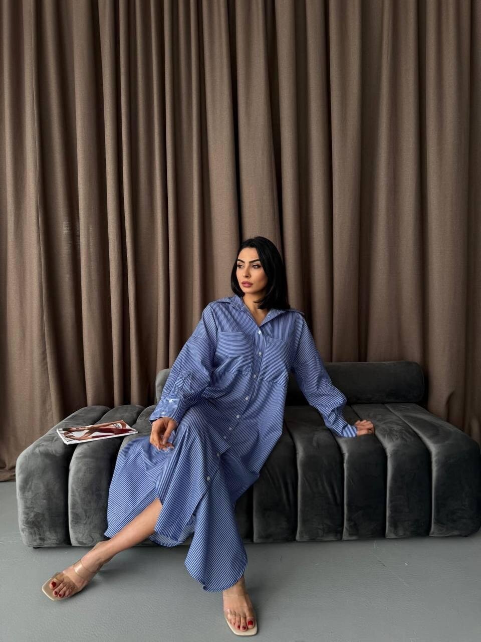 Çizgili Midi Gömlek Elbise