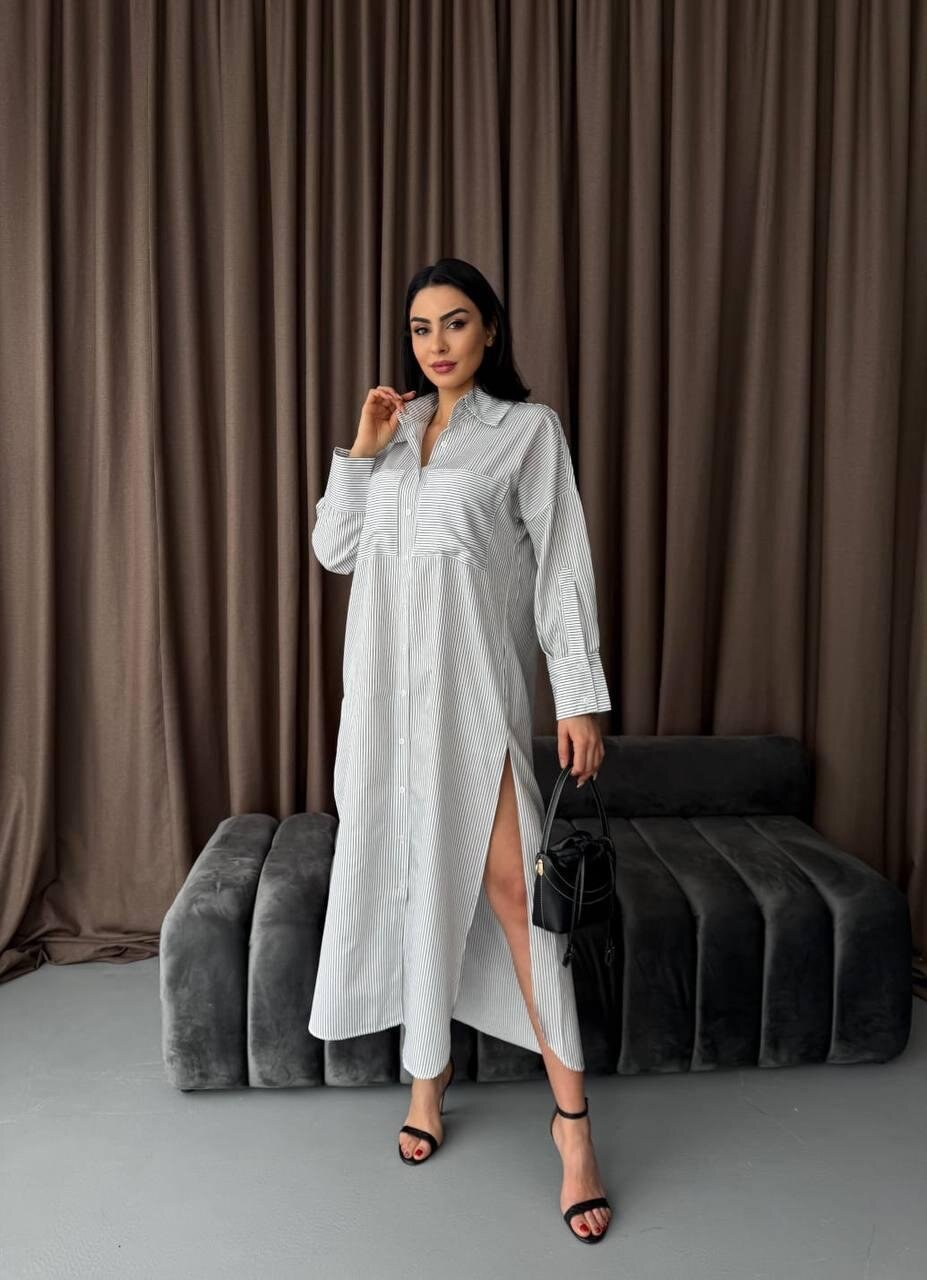 Çizgili Midi Gömlek Elbise