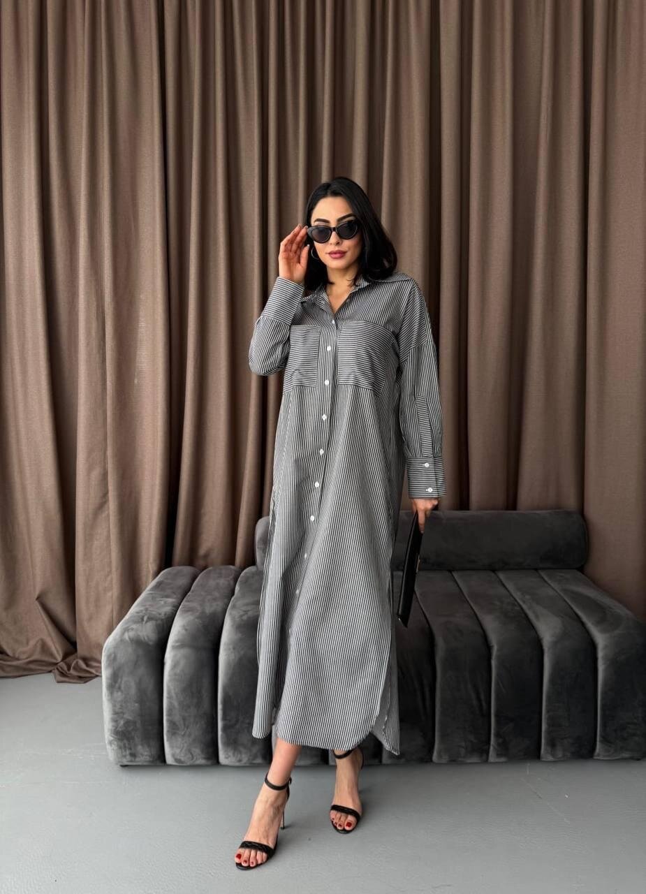 Çizgili Midi Gömlek Elbise