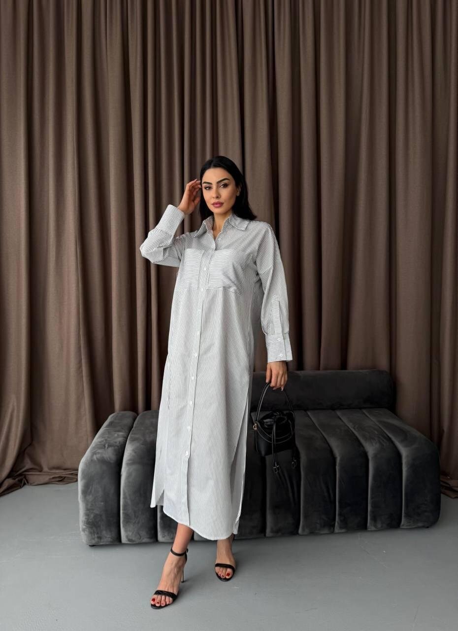 Çizgili Midi Gömlek Elbise