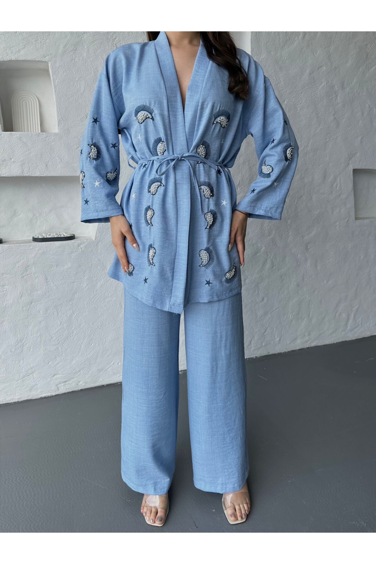 Nakış İşlemeli Kimono & Pantolon İkili Takım