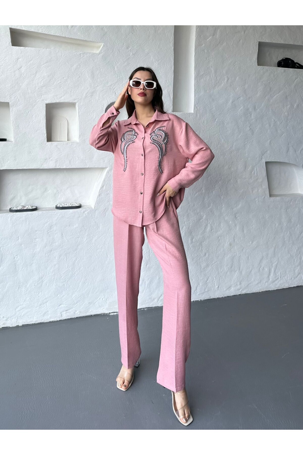 İşleme Detaylı Gömlek & Pantolon Keten İkili Takım