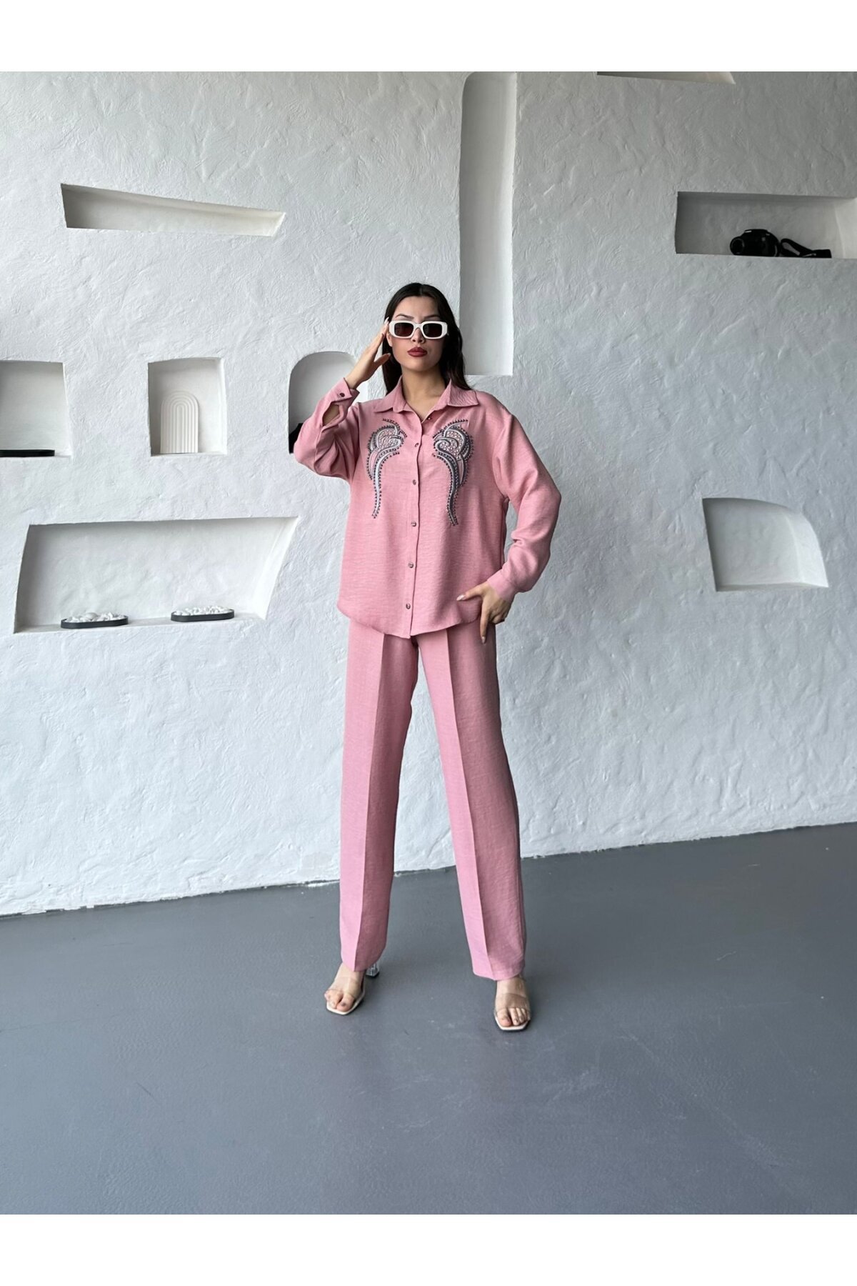 İşleme Detaylı Gömlek & Pantolon Keten İkili Takım