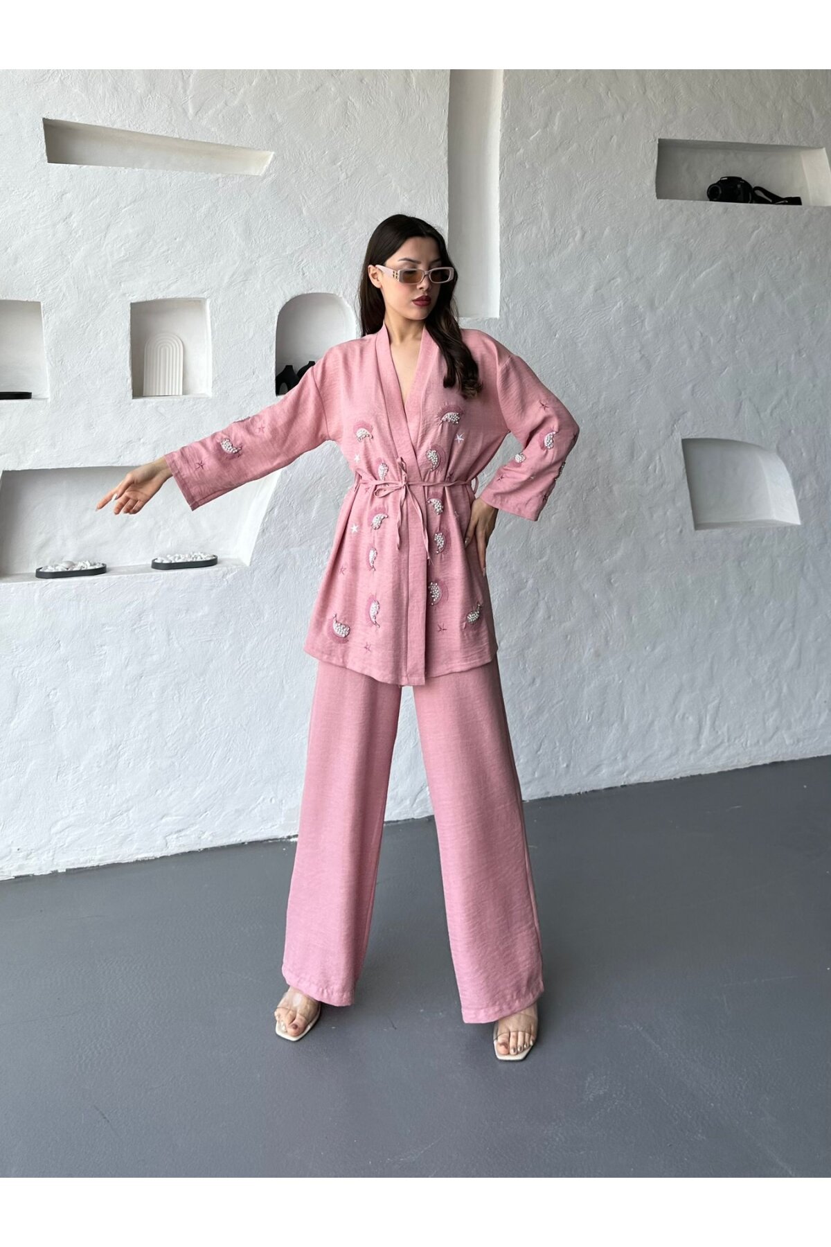 Nakış İşlemeli Kimono & Pantolon İkili Takım