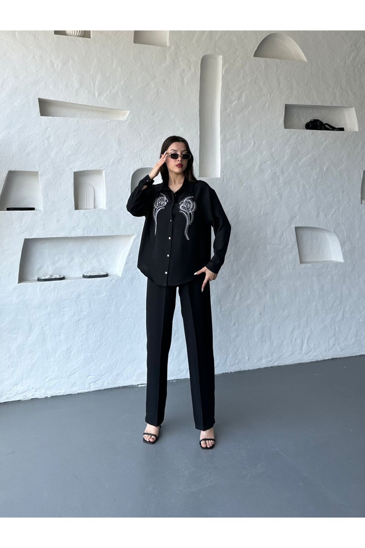 İşleme Detaylı Gömlek & Pantolon Keten İkili Takım