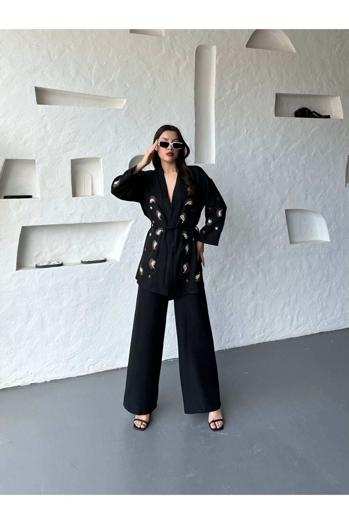 Nakış İşlemeli Kimono & Pantolon İkili Takım