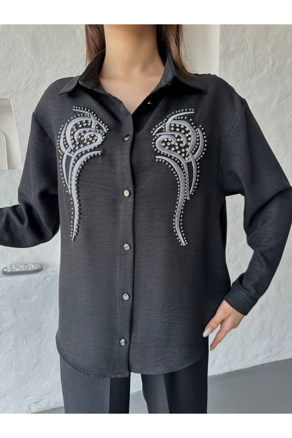 İşleme Detaylı Gömlek & Pantolon Keten İkili Takım