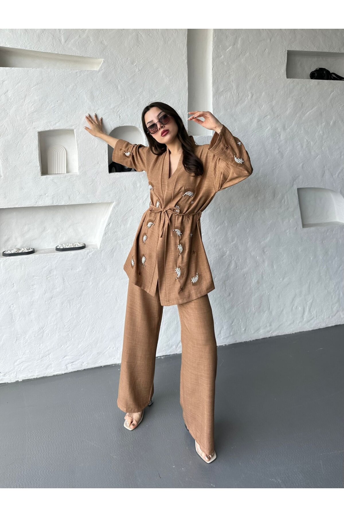 Nakış İşlemeli Kimono & Pantolon İkili Takım