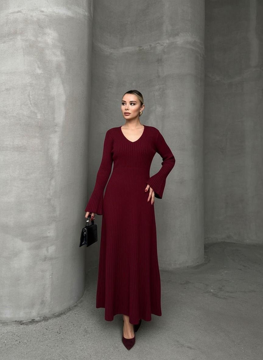 İNCE BEL V YAKA MAXİ TRİKO ELBİSE