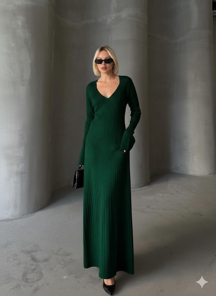 İNCE BEL V YAKA MAXİ TRİKO ELBİSE