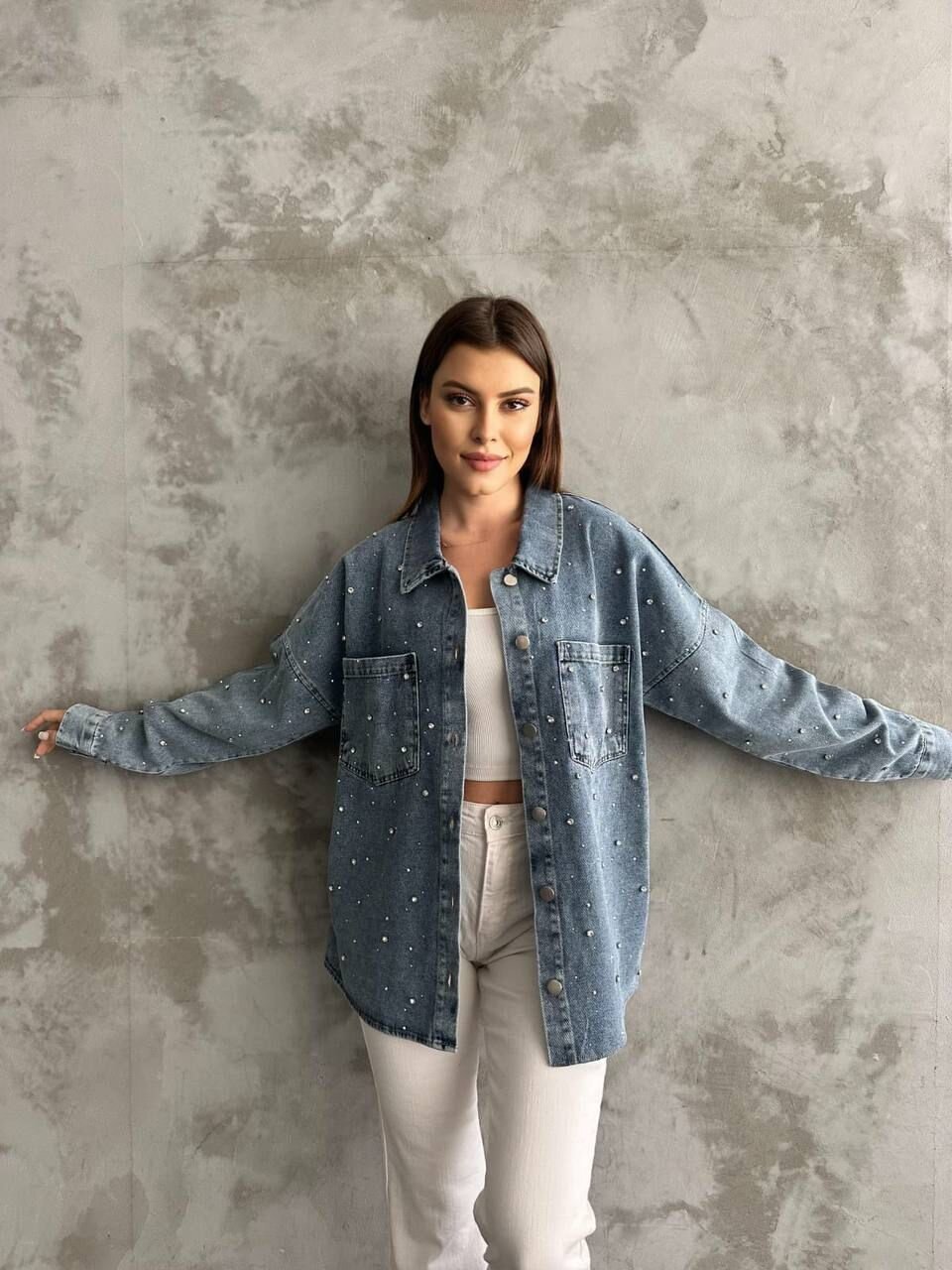 Taş İşlemeli Dökümlü Kot Gömlek