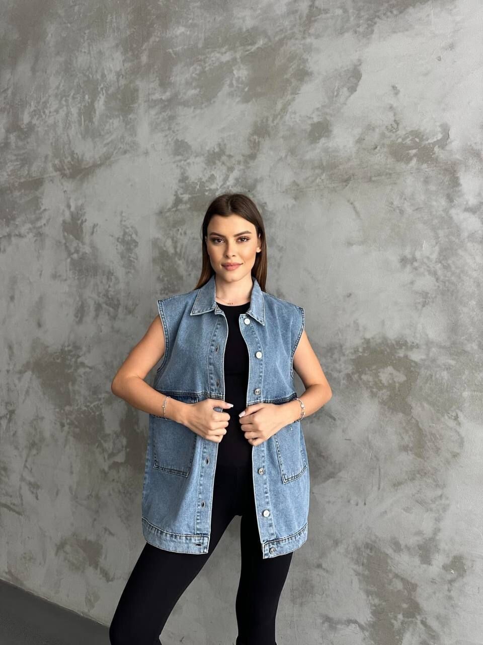 Büyük Cep Detaylı Kot Yelek