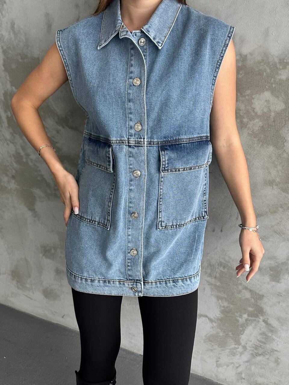 Büyük Cep Detaylı Kot Yelek