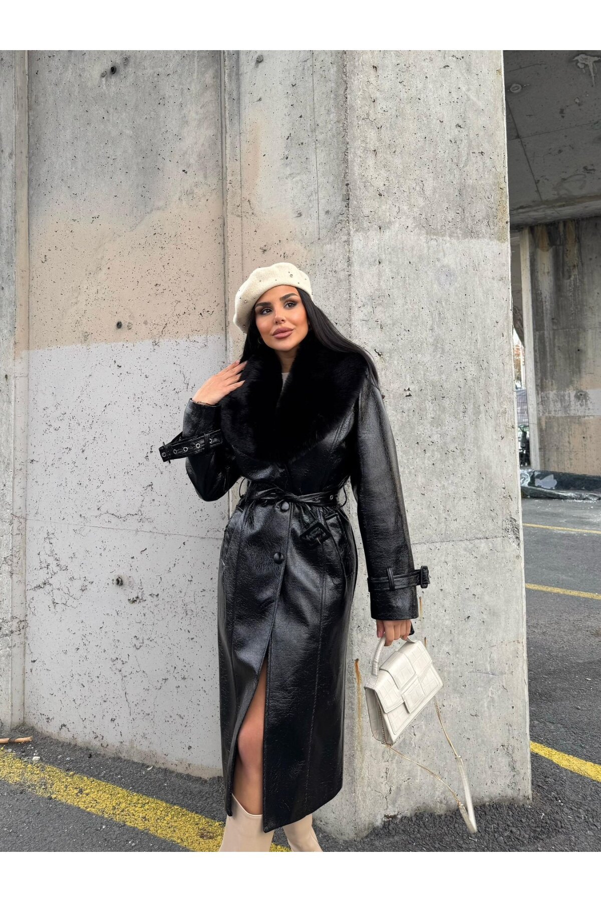 Kürk Detaylı Suni Deri Kaban