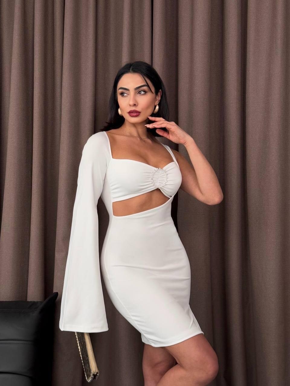 Halka Detaylı Tek Kol Mini Elbise