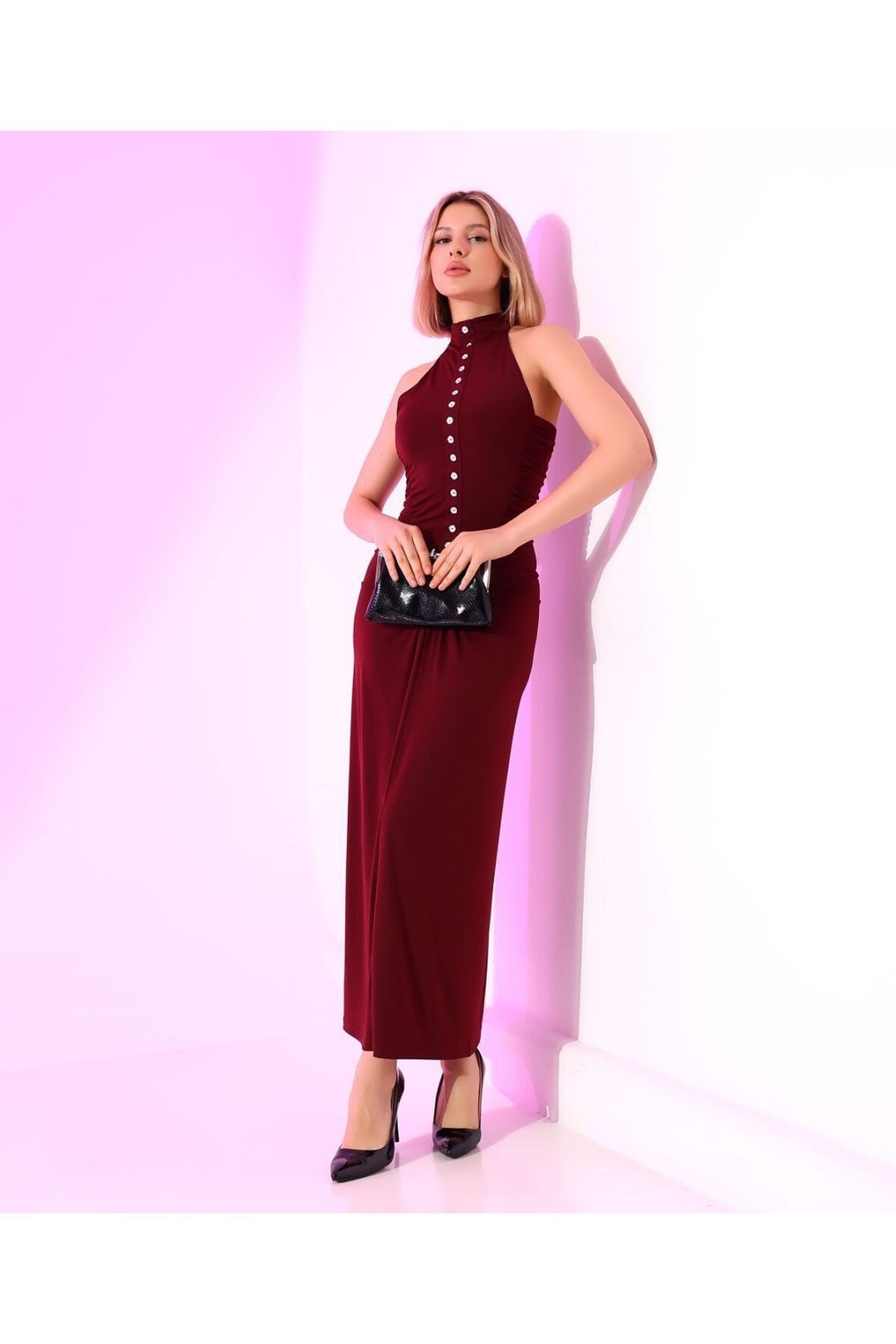 SANDY FULL LİKRALI DÜĞME DETAY ELBİSE