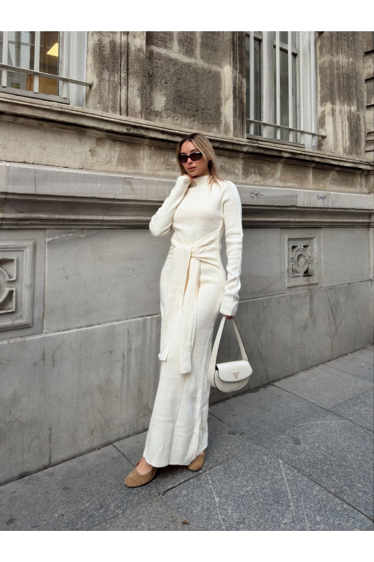 TRİKO BELDEN KUŞAK DETAYLI ELBİSE