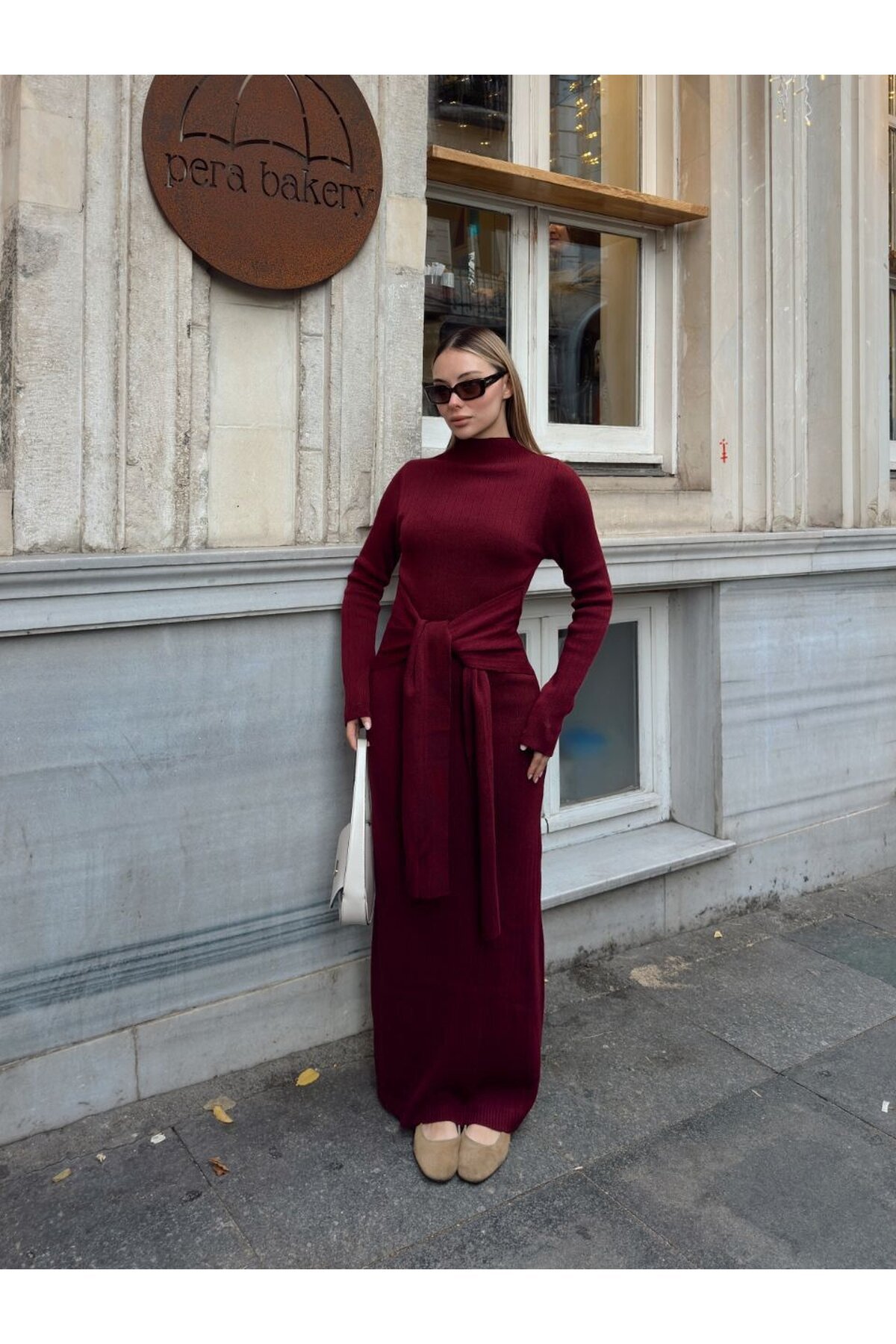 TRİKO BELDEN KUŞAK DETAYLI ELBİSE