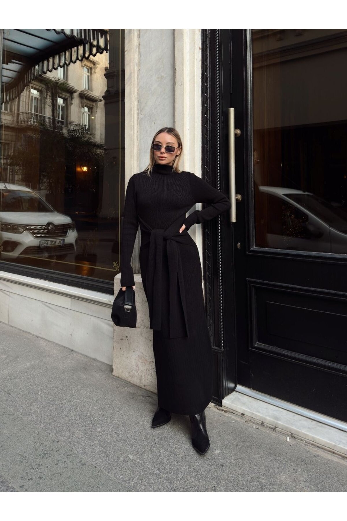 TRİKO BELDEN KUŞAK DETAYLI ELBİSE