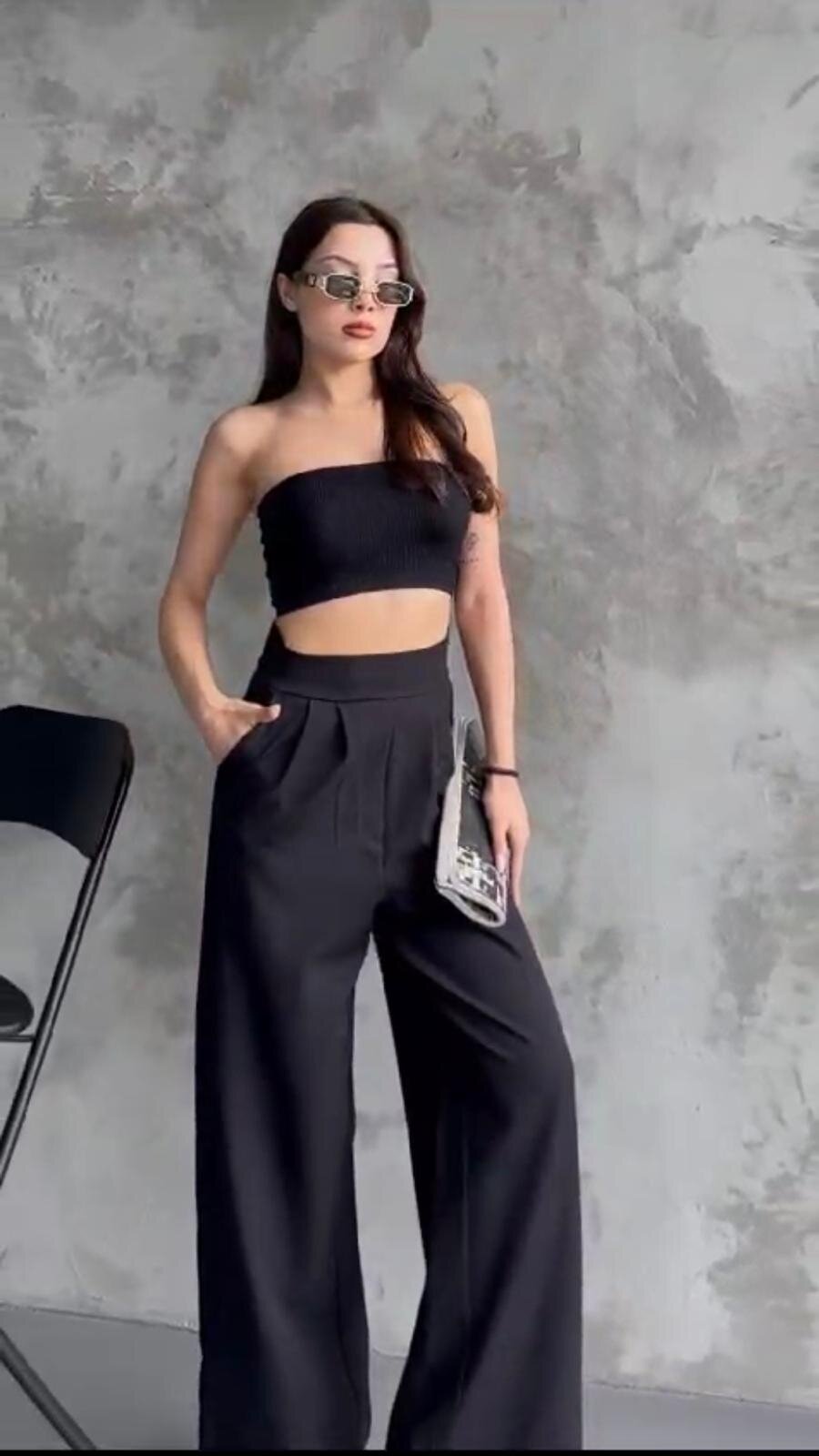 Yüksek Bel Cep Detay Rahat Pantalon