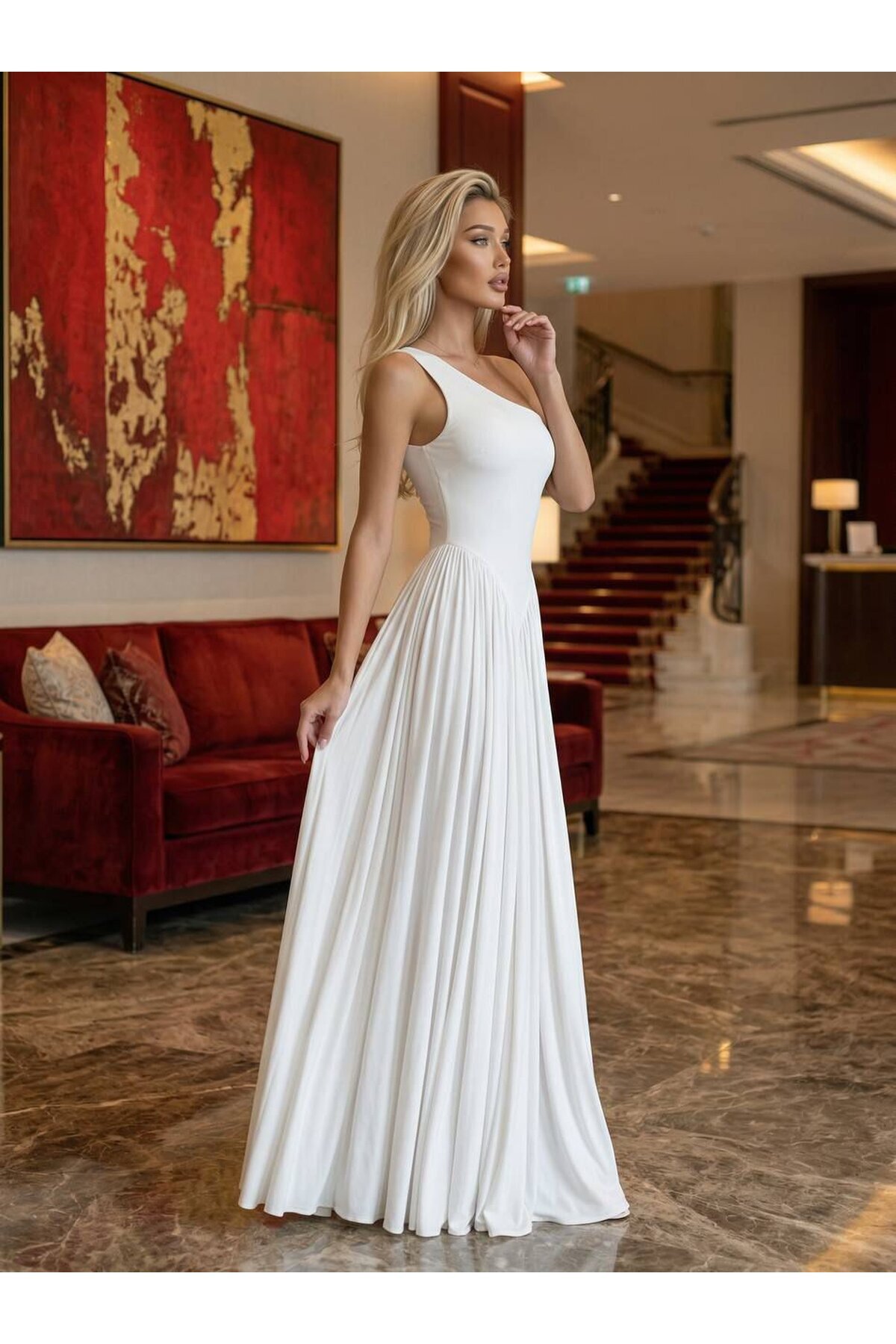 TEK OMUZ MAXİ BOY ELBİSE