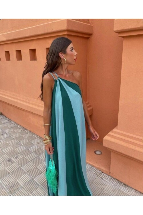 ÇİFT RENKLİ ELBİSE-MAVİ