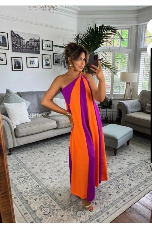 ÇİFT RENKLİ ELBİSE-TURUNCU