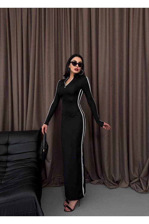Şerit Detaylı Uzun Elbise