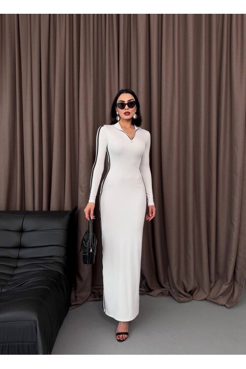 Şerit Detaylı Uzun Elbise