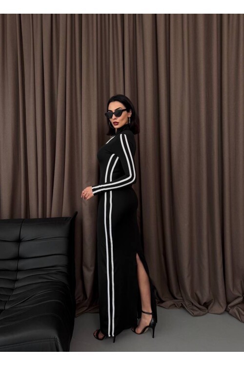 Şerit Detaylı Uzun Elbise