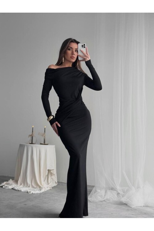 Kayık Yaka Uzun Kurdele Elbise