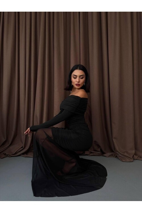 Tül Detaylı Straplez Elbise