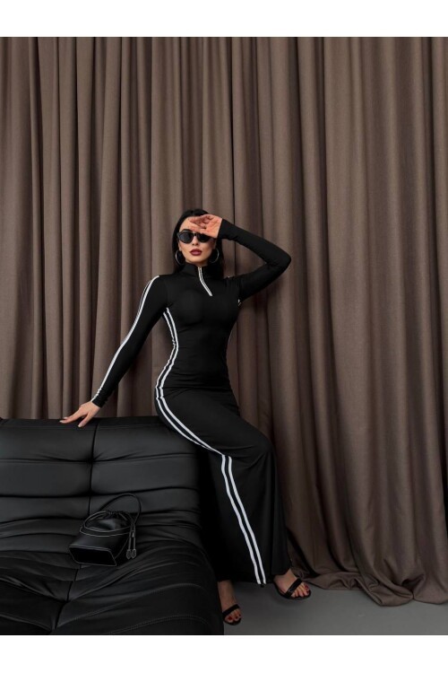 Şerit Detaylı Uzun Elbise