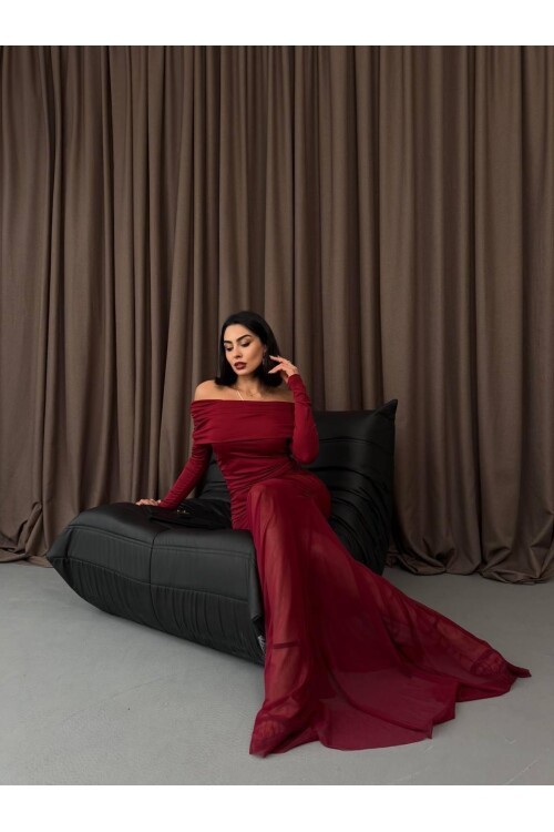 Tül Detaylı Straplez Elbise