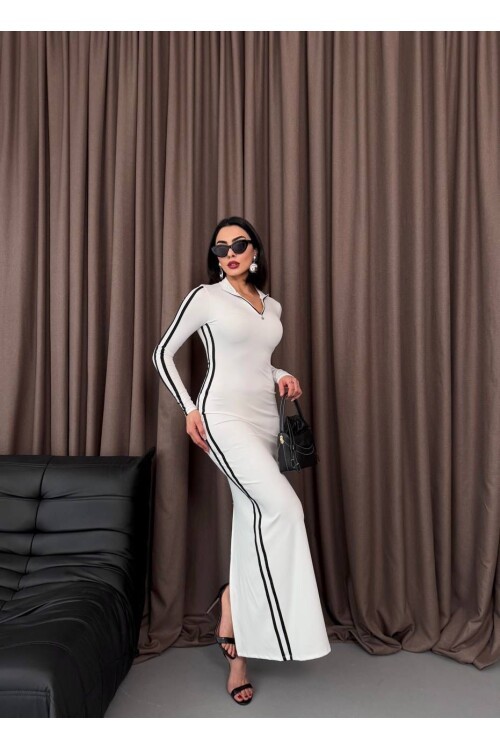 Şerit Detaylı Uzun Elbise