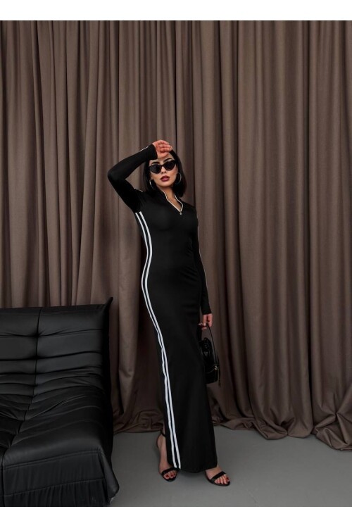 Şerit Detaylı Uzun Elbise