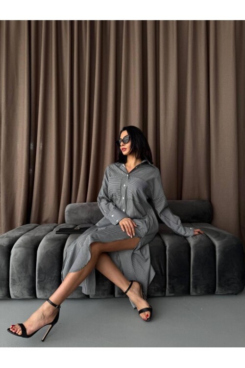 Çizgili Midi Gömlek Elbise