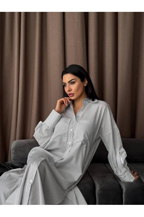 Çizgili Midi Gömlek Elbise