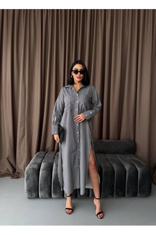 Çizgili Midi Gömlek Elbise