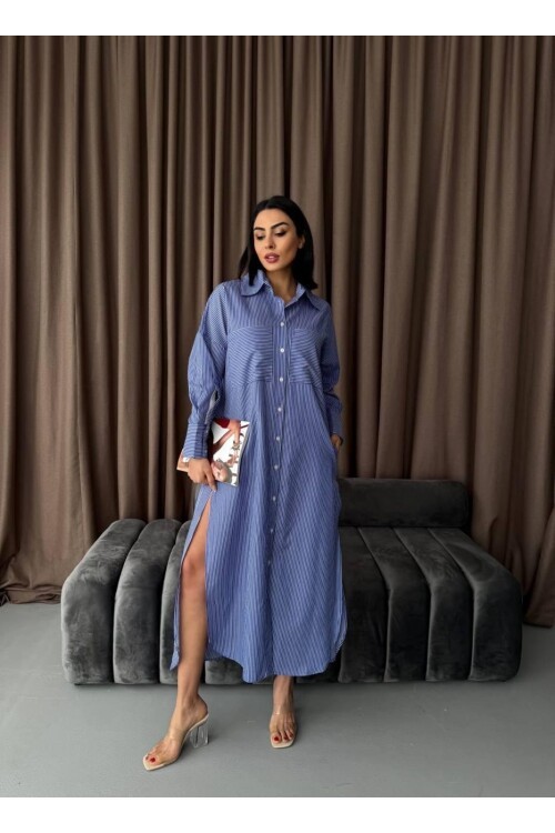 Çizgili Midi Gömlek Elbise