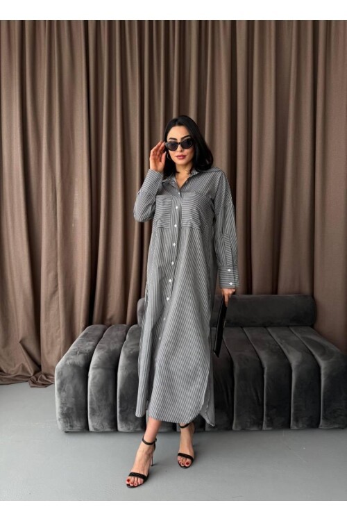 Çizgili Midi Gömlek Elbise