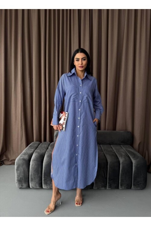 Çizgili Midi Gömlek Elbise