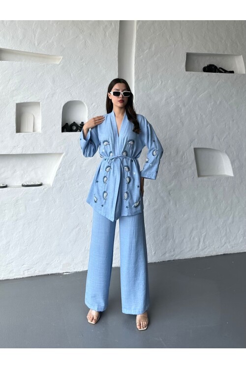 Nakış İşlemeli Kimono & Pantolon İkili Takım