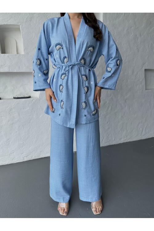 Nakış İşlemeli Kimono & Pantolon İkili Takım
